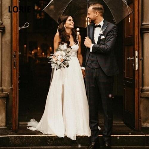 LORIE Elegant Wedding Dresses V-Neck Appliques Lace Chiffon Gorgeous Wedding Gown Open Back Lace Bridal Dress 2021 suknia ślubna
