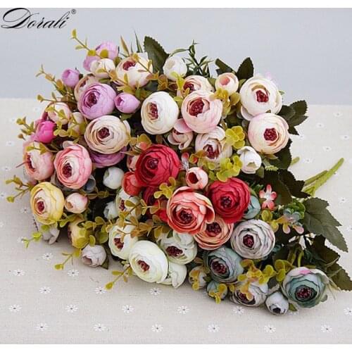European Vintage Artificial Silk Tea Rose Flowers 6 head 4 Small bud Bouquet Wedding Home Retro Fake Flower Party DIY Decoration