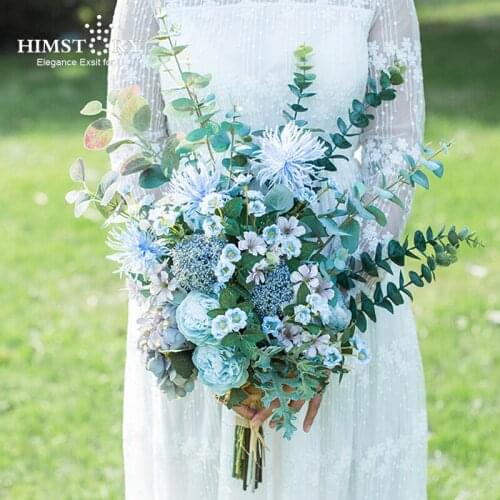 HIMSTORY Blue Flower Wedding Bouquets Artificial Silk Wild Wedding Flower Fleur Mariage Bridal Holding Bouquets Ramo Novia