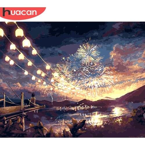 HUACAN DIY Oil Painting By Numbers Fireworks Landscape Kits Canvas HandPainted Gift Pictures Night Scenery Home Decor
