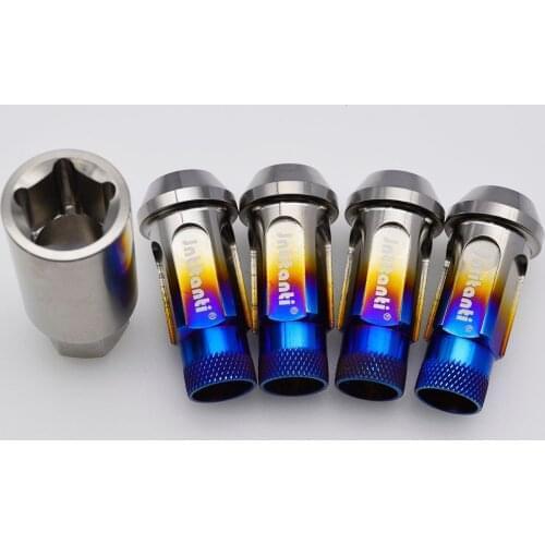 Knurled burnt blue Gr5 titanium car wheel anti-theft nut with open end