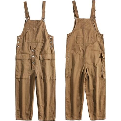 2021 New Mens loose pockets cargo bib overalls Black green khaki suspenders jumpsuits for lovers Leisure simplicity