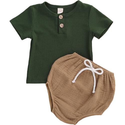 Lioraitiin 0-24M Newborn Infant Toddler Baby Boy Summer Casual 2Pcs Clothes Set Short Sleeve Green Solid Top Shirt Shorts