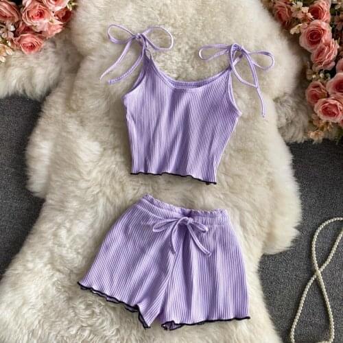 Sleeveless slimming bow tie suspenders short vest high waist drawstring shorts wooden ear leisure two-piece summer