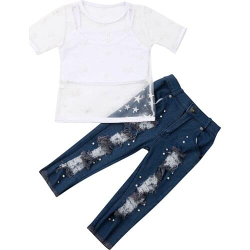 Fashion Baby Girl Clothing Sets Star Sheer Mesh T Shirt Tops + White Camis Vest + Ripped Denim Pants 1-6Y Kids Children Outfit