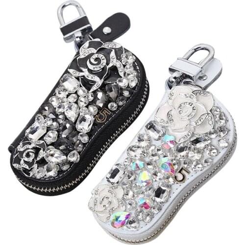 10PCS / LOT Fashion Women Key Holder Camellia Diamond Key Housekeeper Bag Key Wallet Zipper Leather Pouch Keychain Case