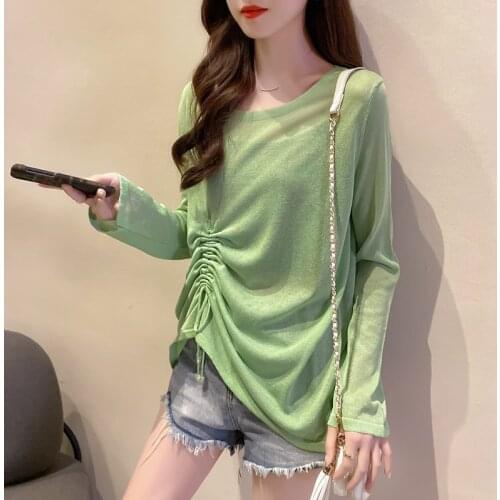 New Summer Sheer T Shirt Women Casual White Black Tops Knitted T-shirt Long Sleeve Ruched Drawstring Tee Women Clothing Poleras
