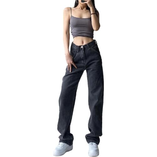 Sexy High Waist Straight Jeans for Women Korean Casual Black Long Wide Leg Jeans Woman 2020 Denim Pants