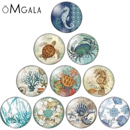 Retro Sea Turtle Seahorse starfish shell 10mm/12mm/16mm/18mm/25mm Round Photo Glass Cabochon Demo Flat Back Making Findings