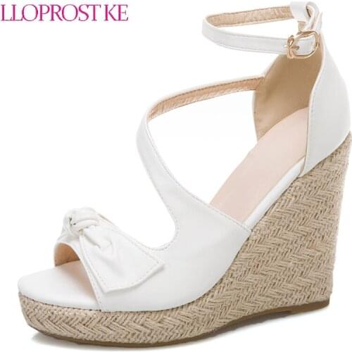 Lloprost ke PU Leather Oversize Sandals Shoes for Womens High Heel Wedges Platform Sandals Black Red White Blue Largest Size 50