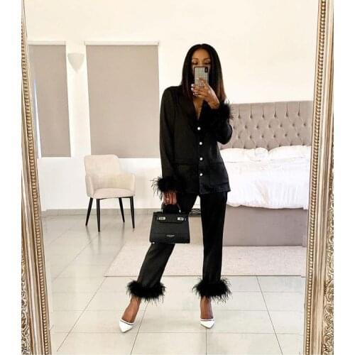 Two Piece Chic Feather Detail Lounge Suits Long Sleeve Button Up Top & Slim Pants Set Wpmen Casual Wool Pajamas Two Piece Suits