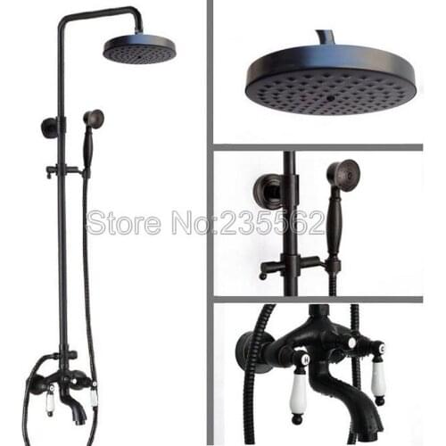 Bathroom Rain Shower Faucet Set Black Oil Rubbed Wall Mounted Dual Handle Bathtub Mixer Tap Brass Finish with Hand Shower lrs401