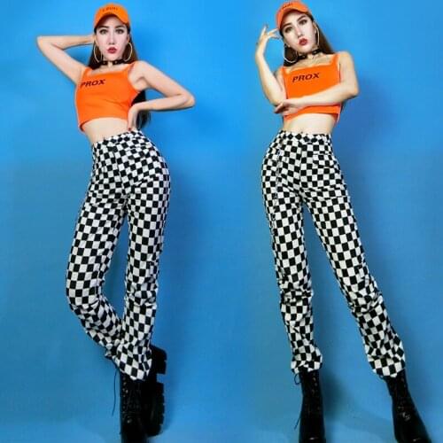 Hip Hop Dance Costumes Adults Orange Tank Plaid Pants Street Dancing Clothing Women Rave Outfit Jazz Stage Show Wear DNV12158