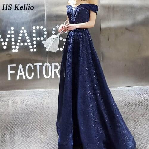 Evening Dress Navy Blue Off Shoulder Floor Length Elegant Actress Party Dress Red Carpet