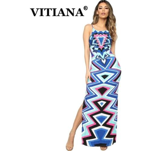 VITIANA Women Sexy Long Beach Dress Summer 2019 Female Sleeveless Backless Geometric Pencil Bodycon Dresses Ladies Vestidos