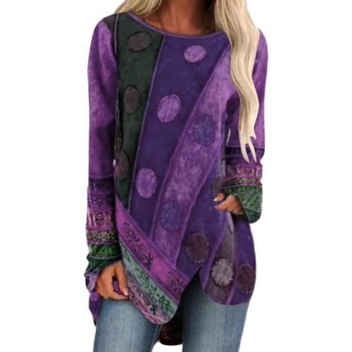 Vintage Print Long Sleeve O Neck T Shirt Women Summer Tee Shirt Asymmetry Loose Oversized T Shirt Top Casual Street Tshirt Femme