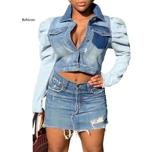 Fashion Women Jackets Puff Sleeve Oversized Crop Denim Jackets Vintage Long Sleeve Short Jacket Casual Slim Bomber Coats New