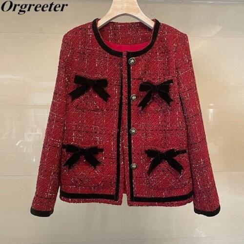 High Quality 2021 Autumn Winter New Vintage Tweed Coat&Jacket Female Sweet Bow Deco Double Pocket Plaid Woolen Outwear