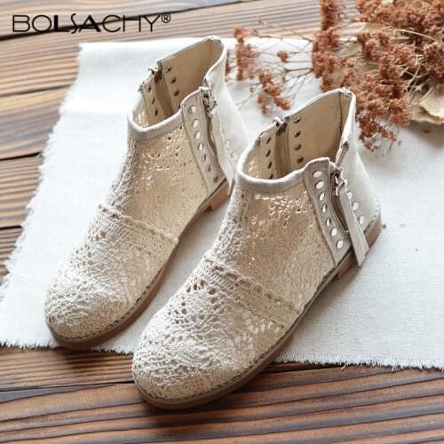 Summer Bootie Ankle boots 2021 Lace Mesh Cool Boots Openwork Boots hollow Fashion Women Round Toe Rivet Boots Botines Mujer