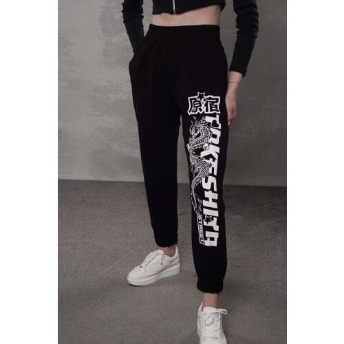 Lena Butik Women Dragon Style Print Patchwork Pants Autumn Elastic Waist Pocket Sport Trouser Casual Streetwear Sweatpant