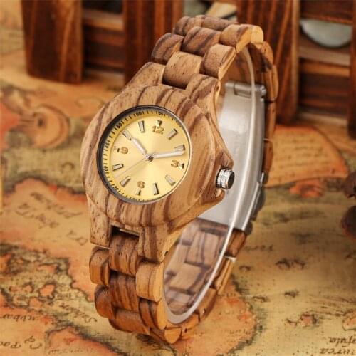 Female Full Wooden Bracelet Watch Quartz Movement Trendy Yellow Dial Womens Watches Casual Lady Wood Bangle Timepiece