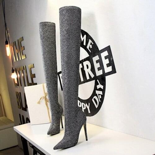 Women Boots Stretch Fabric Sequined Cloth Spring Autumn Over-the-Knee Women Boots Pointed Toe Thin Heels Party Womens Shoes