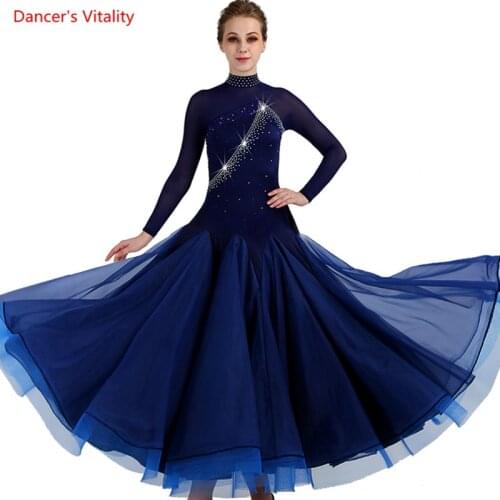 Ballroom Dance Costumes Gauze Long Sleeved Diamond Big Swing Dress For Women Ballroom Waltz Tango Dance Performance Dresses