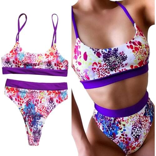 Meihuida Womens Fashion Graffiti Printing Bikini Suit, Crop Tank Tops with High Waisted Bottom, Color Blocking 2Pcs Swimsuit