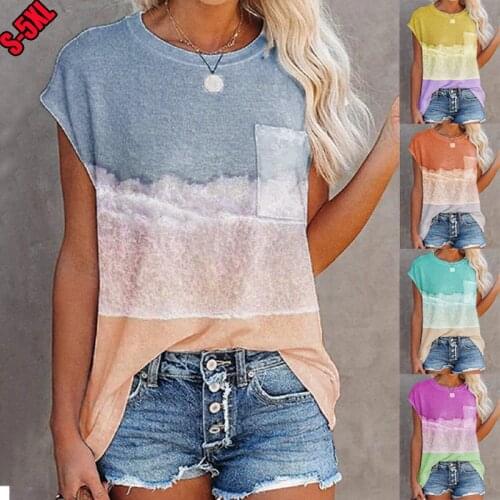 New Summer Women Top Printed O-Neck Casual Loose Lady T-Shirts Fashion Pocket Pullover Plus Size Female Clothes Mujer Camisetas