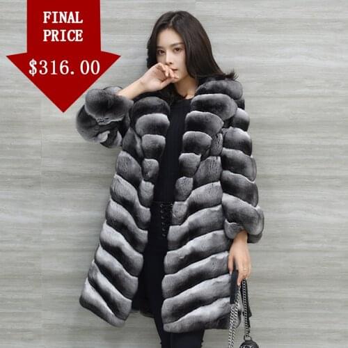 Ladies Classic Suit Collar Fur Coat Jacket Winter Fashion High Quality Rex Rabbit Fur Outwear X-long Chinchilla Color