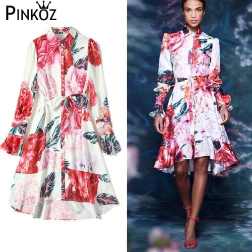 Pinkoz 2021 Summer Fashion Runway Designer Vintage Dress Women Turn-down Collar Bow Belt Elegant Floral print Mini Dress Pink ZA