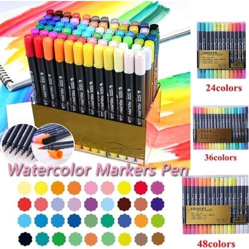 12/24/36/48 Colors Dual Headed Water Pens Premium Graphic Drawing Pens Fineliner Tip Brush Sketch Water Colors Pens