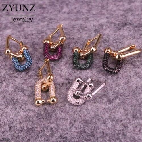 4 Pairs, U Shaped Engagement Elegant Jewelry Dangle Earrings Drop-Earrings CZ Crystal Brincos Gold Color For Women Jewelry Gift