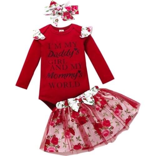 Newborn Baby Girl Clothes 3Pcs Set Yellow/ Green/ Red/ White Letter Long Sleeve Bodysuit Flower Print Tulle Skirt Headband 0-18M