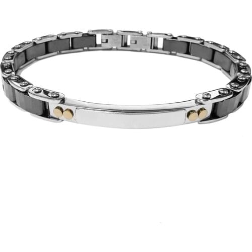 Runda Fashion Handmade Black Ceramic Wrist Band Bracelet for Men Stainless Steel Blank Tag Bracelets Jewelry with Rose Gold Nail