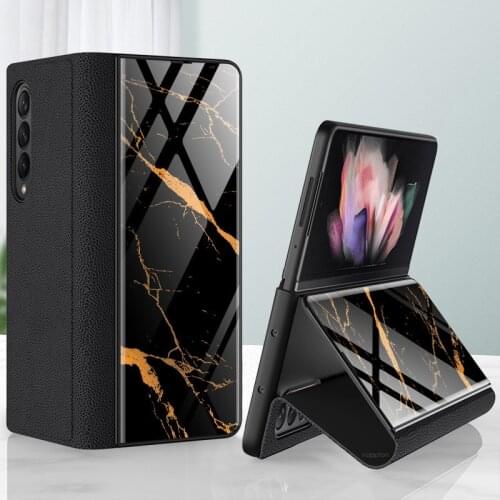 For Samsung Galaxy Z Fold 3 Case Patterned tempered glass Leather Flip Cover For Galaxy Z Fold3 5G Shockproof Fundas