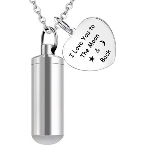 Cylinder Heart Cremation Necklace for Ashes Urn Jewelry Memorial Pendant - Engraved I Love You to the Moon & Back
