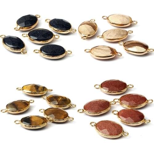 DIY Natural Sand Stone Tiger Eye Pendant Oval Shape Connectors For Earring Necklace Bracelets Jewelry Charm Making Accessories