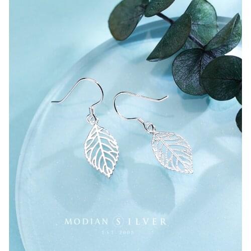Modian 100% Real 925 Sterling Silver Tree Leaves Drop Earrings for Women Simple Dangle Earrings Luxury Pendientes Accessries