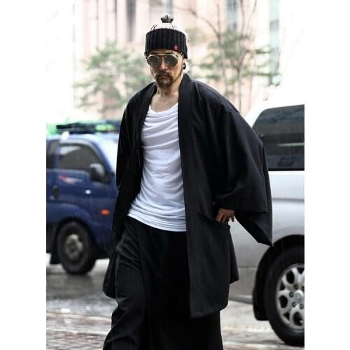 Japan and South Korea Harajuku new pure-color Kimono loose large-size thin fashion cardigan jacket mens medium-long trench coat