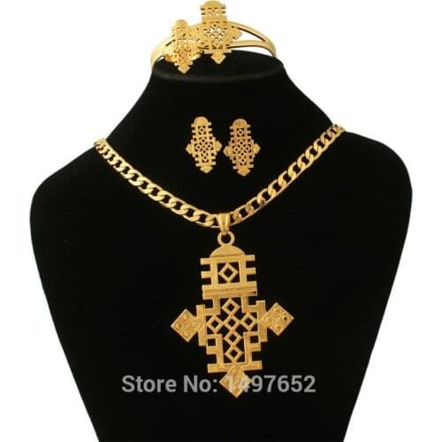 New Arrival Ethiopian Jewelry Sets Fashion Jewelry18k Gold Color Cross Sets African Bridal Wedding Jewelry sets Free Shipping