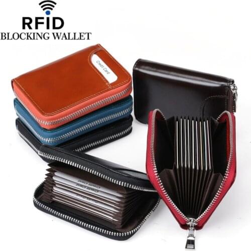 New Mens Short Wallet Genuine Leather Credit Card Holder RFID Blocking Zipper Pocket Luxury Cowskin Card Pouch Fashion Purse