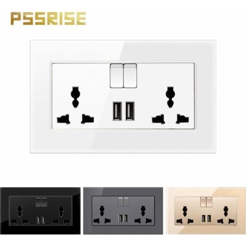 13A dual USB universal three hole socket, toughened glass panel socket, wall socket, grounding, household power socket