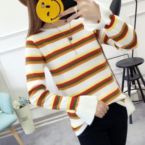 QRWR 2020 Autumn Womens Sweater Fashion O Neck Striped Knitted Pullover Korean Slim Fit Flare Sleeve Rainbow Sweater Women