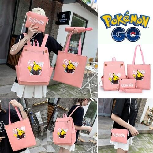 4Pcs/set Pokemon Pikachu School Backpacks Anime Canvas Cartoon School Bag for Teenagers Student Larger Capacity Travel Backpacks