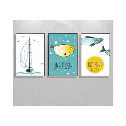 Nordic Modern Watercolor Ink Painting Small Fish Sailing Boat Frameless Decorative Painting Restaurant Picture Canvas Wall Art