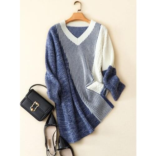 Cashmer merino wool v neck striped sweaters long women fashion winter pullovers