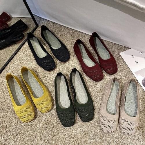 Fashion Women Hollow Out Solid Slip on Loafers Square Toe Shallow Ballet Flats Shoes Knitting Casual Flat Shoes Ballerina Flats