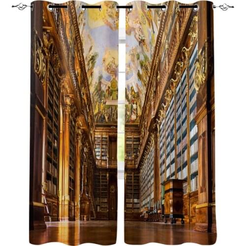 Vintage Palace Mural Carving Pillar Yellow Brown Window Curtains LivingRoom Kitchen Curtains Left and Right Biparting Open