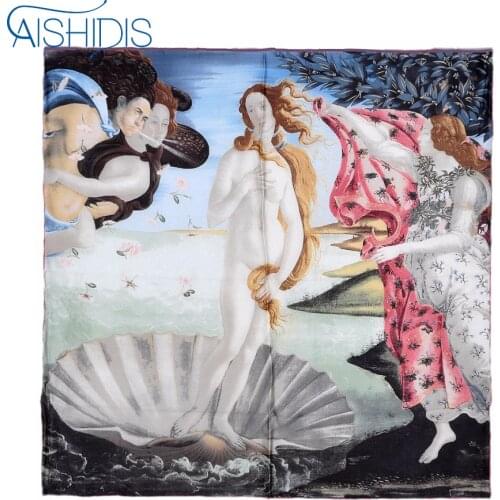 Women Bandana Natural Silk Vintage Shawl Poncho Summer Scarf Square Size Famous Works Sandro Botticellis "The Birth of Venus"